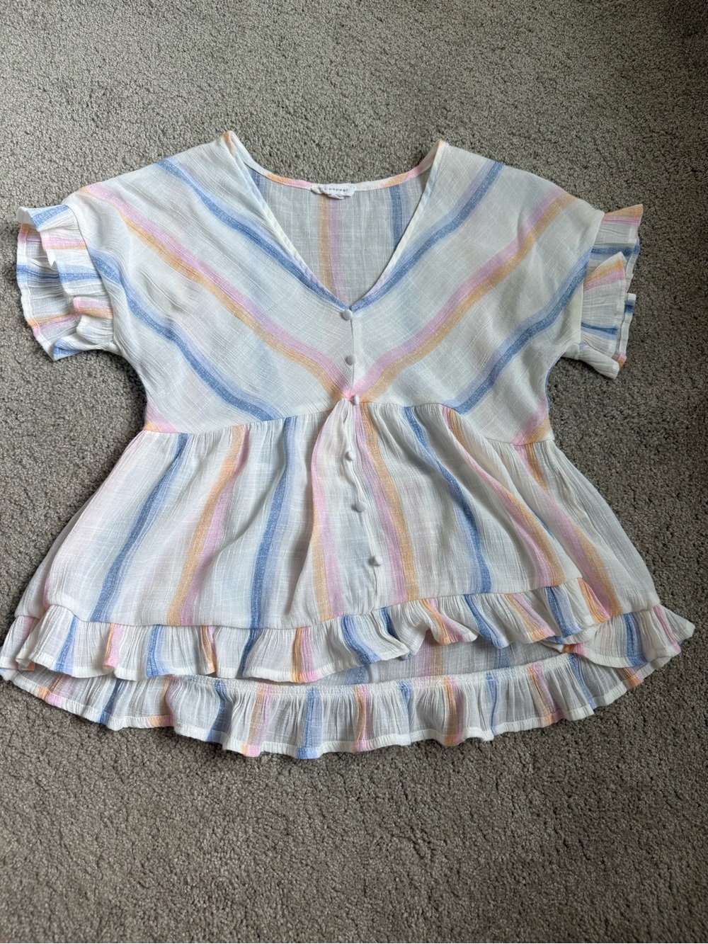 Blu Pepper Pastel Stripe V-Neck Ruffle Button Babydoll Top